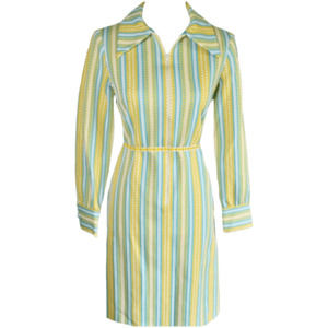 60s Yellow and Blue Striped Shirt Dress with Floral Belt by L'Aiglon